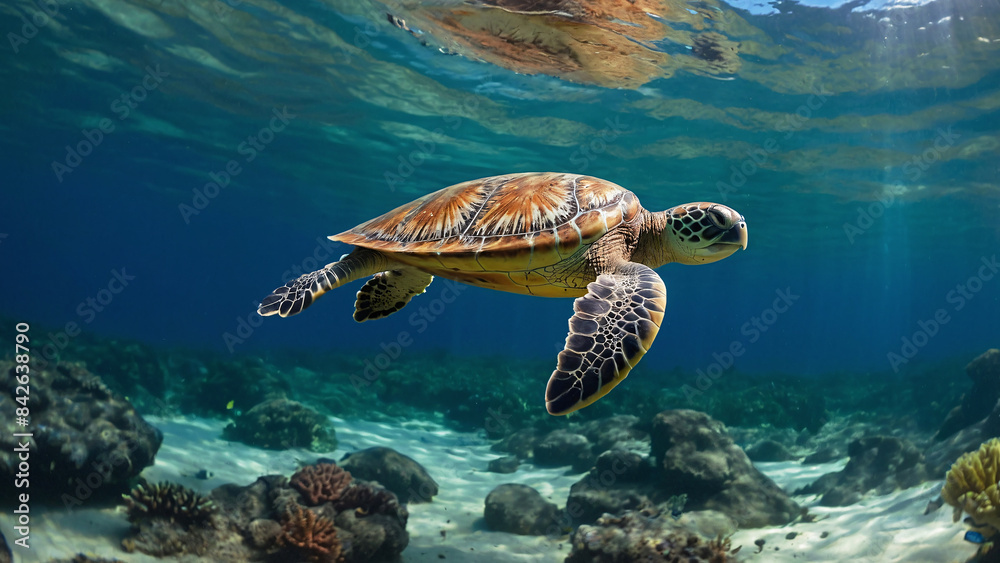 Obraz premium Stunning Majestic Large Endangered Sea Turtle Scouting For Food In Its Natural Habitat Underwater Photography Style 300 PPI High Resolution Image Background Wallpaper