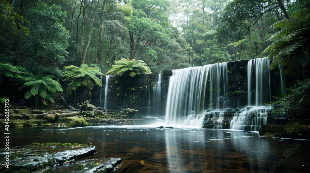 Obraz premium Traumhafter Wasserfall in die Natur eingebettet. Das Wasser rauscht und schafft eine friedliche und meditative Atmosphäre. Gefühl der Achtsamkeit.