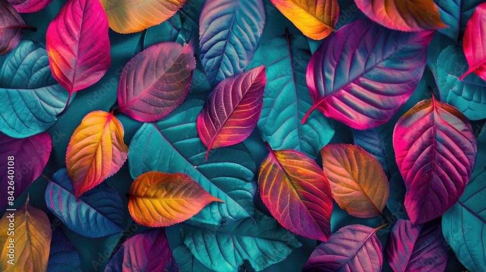 Arrangement of vibrant leaves on a colorful backdrop Repeat pattern creation