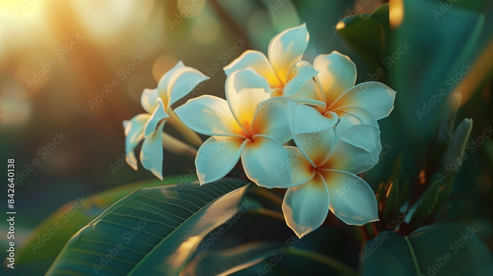 A close-up of a blooming plumeria with its fragrant, tropical flowers. A close-up of a blooming plumeria with its fragrant, tropical flowers.