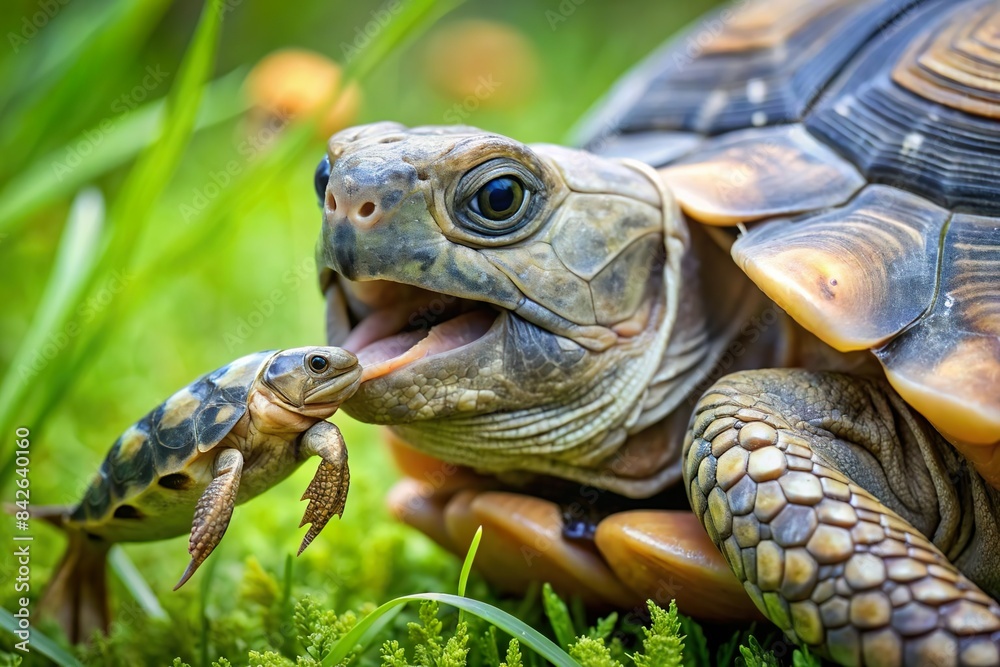 Obraz premium giant turtle play with its offspring in aquarium tank