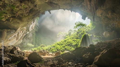 Enchanted cavern teeming with colossal fungi and mystical mist, awash in a haze of magic. 3D Rendering.