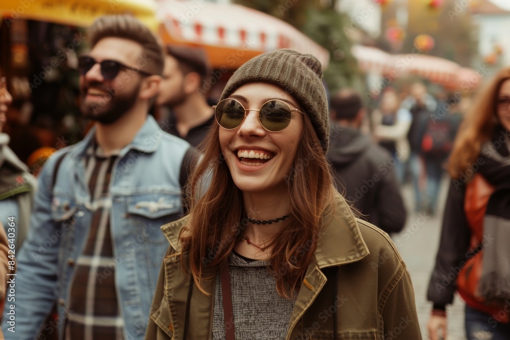 Portrait of happy young woman in sunglasses walking on the street. Portrait of happy young woman in sunglasses walking on the street.