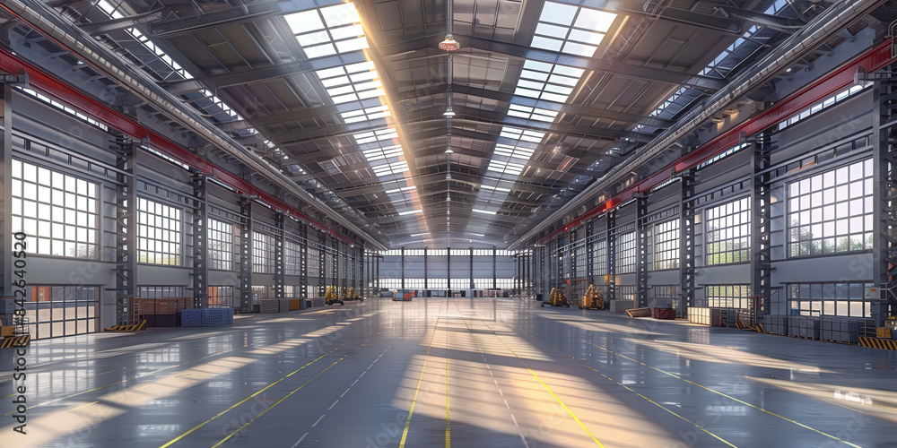 Large empty warehouse with sunlight streaming through the windows. metal beams, and polished floors, creating an open and well-lit environment ideal for storage and logistics operations.. Large empty warehouse with sunlight streaming through the windows. metal beams, and polished floors, creating an open and well-lit environment ideal for storage and logistics operations..