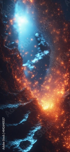 a close up of a bright orange and blue galaxy with a black hole