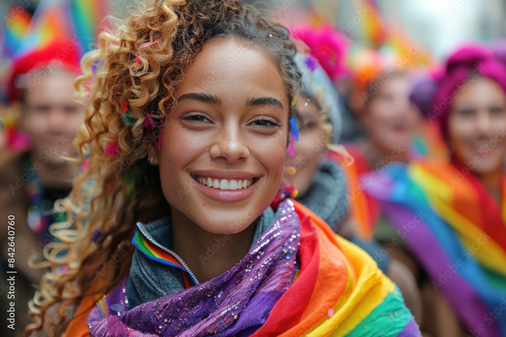 Fototapeta premium Young woman smiles brightly as she wears a rainbow scarf at a Pride parade