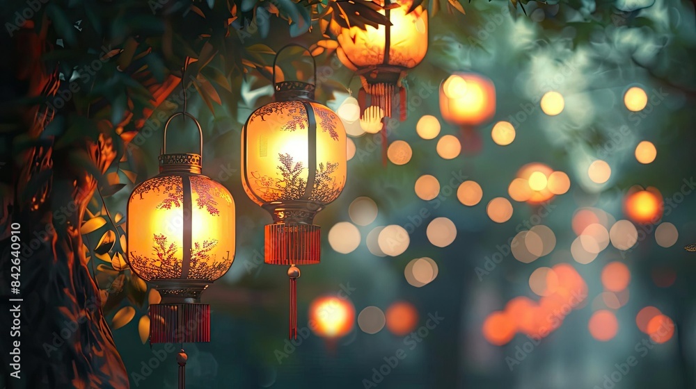 lanterns illuminate the night sky above a tree, creating a serene and picturesque scene lanterns illuminate the night sky above a tree, creating a serene and picturesque scene