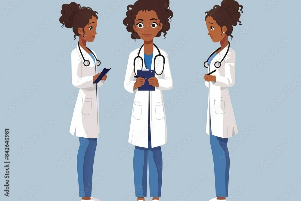 Three illustrations of female doctors in medical attire, each engaging in different activities related to the medical field Three illustrations of female doctors in medical attire, each engaging in different activities related to the medical field