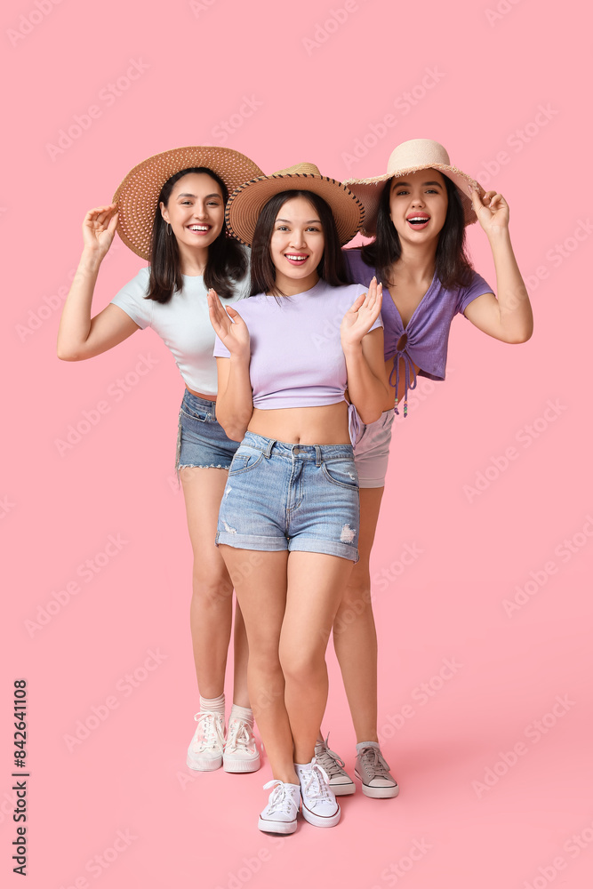 Beautiful young women in wicker hats on pink background. Summer party Beautiful young women in wicker hats on pink background. Summer party