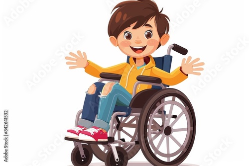 A cartoon illustration of a young boy in a wheelchair with his arms spread out as a gesture of excitement or openness