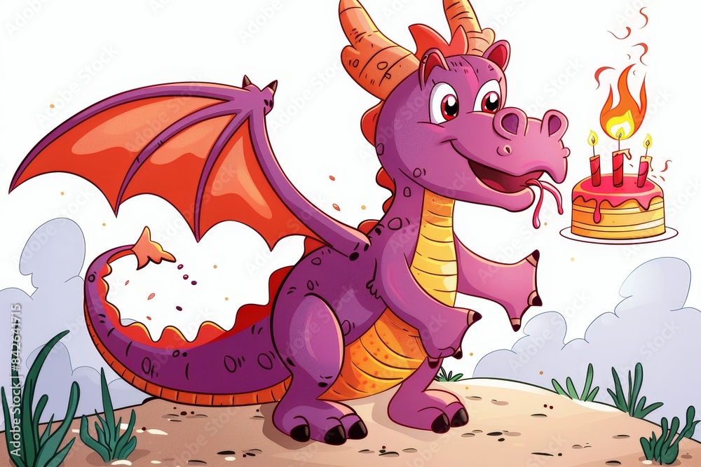 Fototapeta premium A content purple dragon with striking wings and horns excitedly lights a birthday cake with its fiery breath in an outdoor setting
