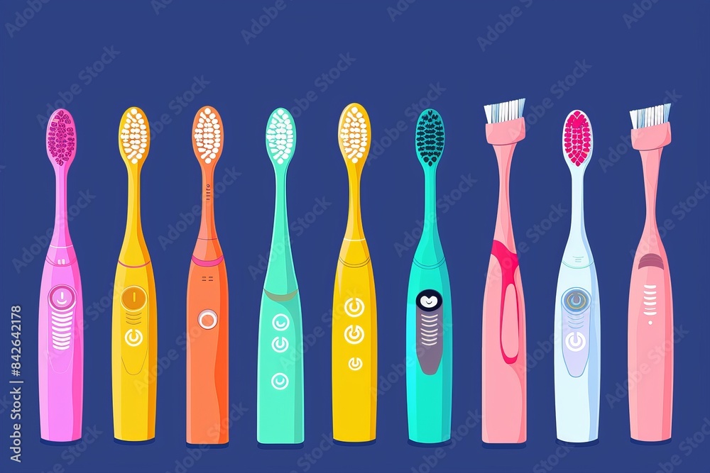 Vibrant collection of different electric toothbrush designs and colors on a light background