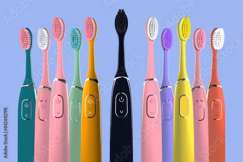 Assortment of colorful electric toothbrushes against a gradient blue-pink background photo