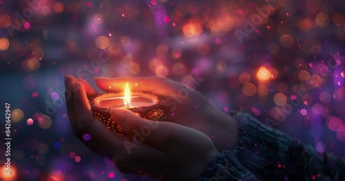 Hands Holding a Lit Candle With Bokeh Lights in the Background
