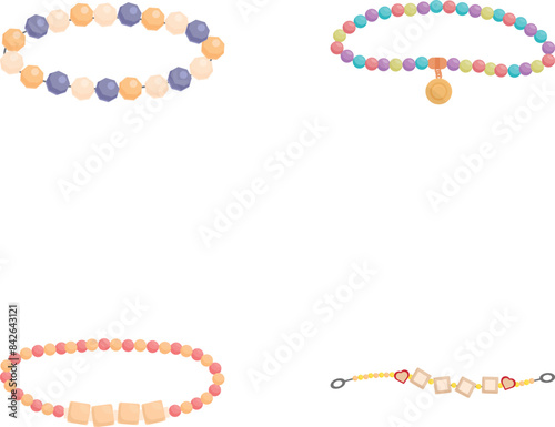 Collection of four stylish beaded bracelets with different colors and charms, isolated on white