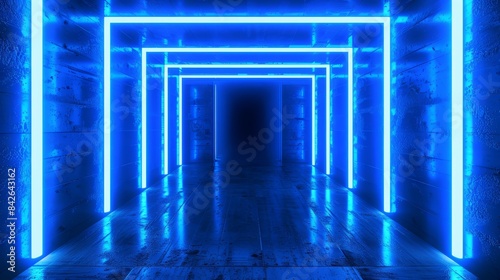 Futuristic room with neon glow and geometric interior. Abstract corridor design with modern illumination and concrete elements. Ideal for technology and electronic-themed displays.