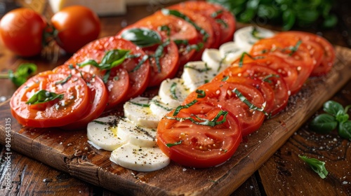 Fresh Tomato, Mozzarella, and Basil Salad on Wooden Cutting Board