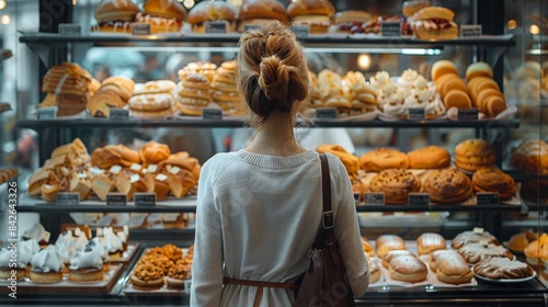Woman Looking at Bakery Display Case Filled With Pastries in a City Shop