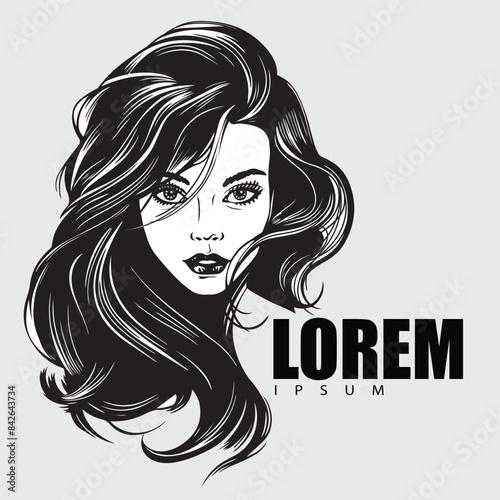 PrintVector portrait of a fashionable young beautiful girl with tousled hair. Vector isolated black and white female portrait logo.