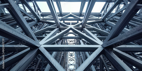 Abstract view of industrial steel framework captured from below, showcasing intricate structural design and engineering. The metallic beams intersect and form a complex geometric pattern