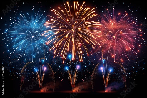 Image of a grand fireworks display with multiple bursts of colors against the dark night sky