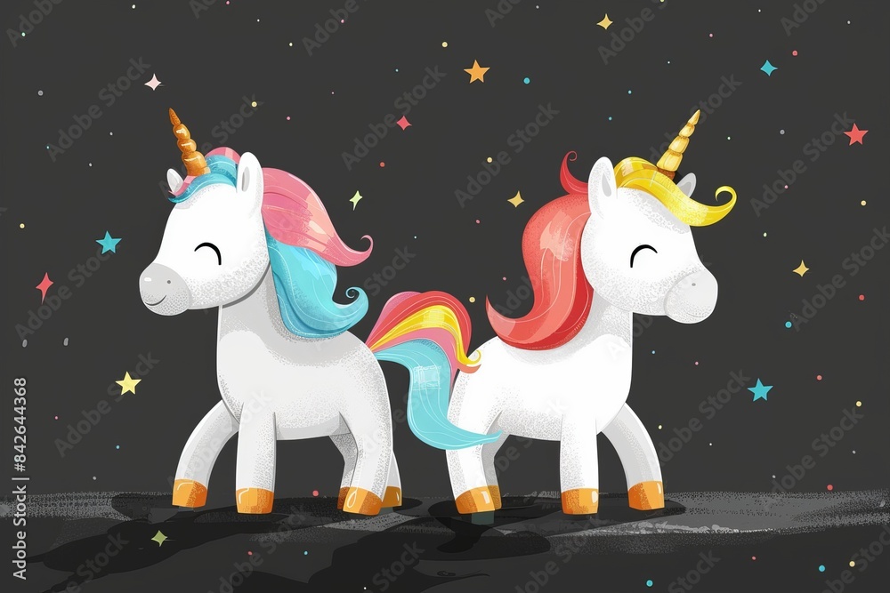 Charming graphic of two unicorns with pastel rainbow manes and tails, standing amid stars on a dark background