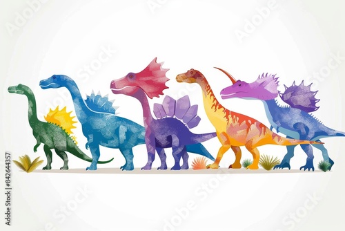 Artistic rendering of dinosaurs in different colors with detailed textures, set against a light dotted backdrop © Dragana