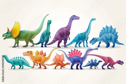 A playful and colorful illustration of various cartoon dinosaurs, showcasing a wide range of species with friendly designs