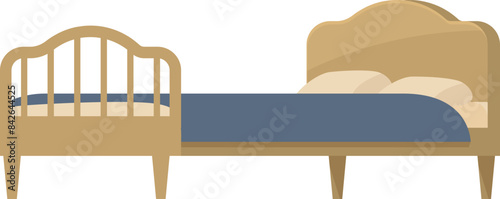 Big comfortable double bed with extra bed for a child standing nearby on white background
