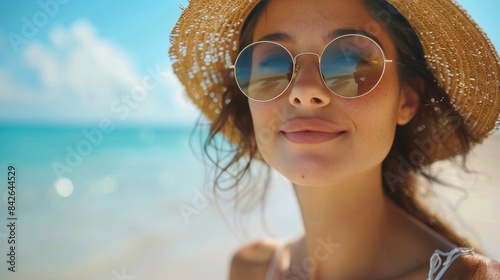 Woman Wearing Straw Hat and Sunglasses Smiles on Beach
