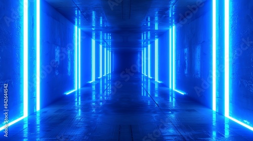Futuristic glowing room with geometric interior and neon lights. Modern perspective with abstract illumination and minimal design. Perfect for contemporary home and fashion concepts.