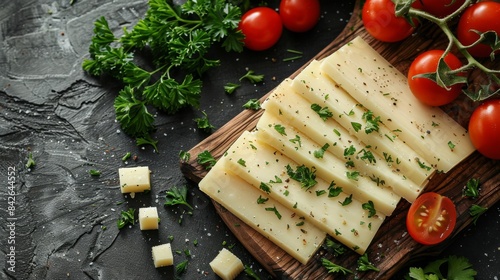 Sliced Cheese With Parsley and Tomatoes on Wooden Board