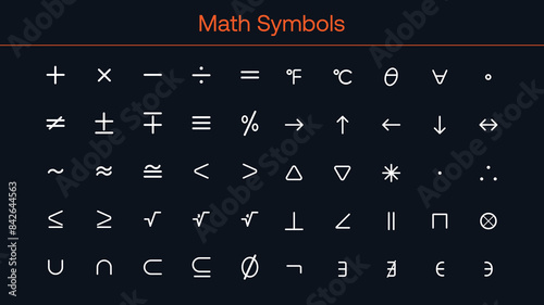 Mathematical symbols, math symbols, plus, minus, division, set, union, intersection, percent, greater than, less than, angle, square root, cube root, subset, equals, equals to, theta, 