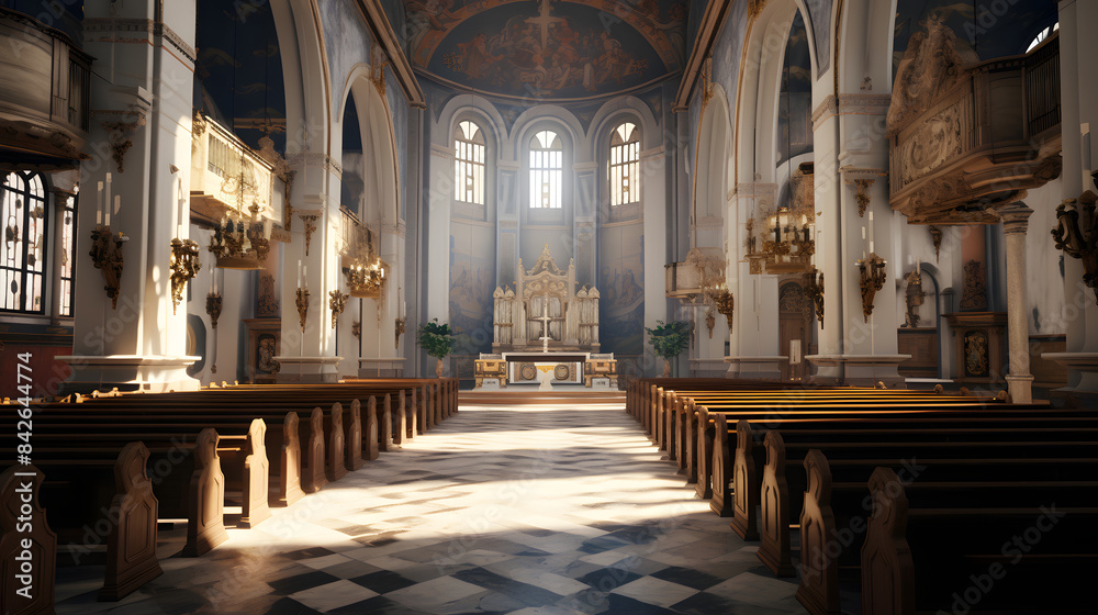 Fototapeta premium Majestic Cathedral Interior with High Ceilings, Stained Glass Windows, and Grand Architectural Details Creating a Sense of Grandeur and Spirituality Ideal for Historical and Architectural Enthusiasts
