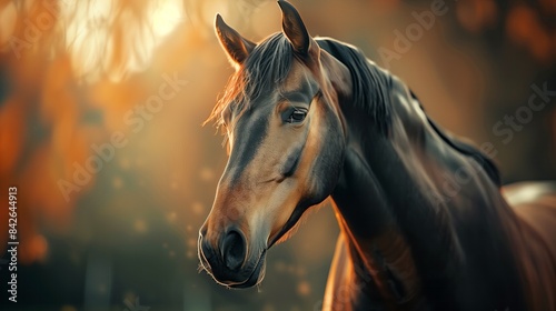  A beautiful and colorful horse in a dynamic portrait pose shot from an ultra-low low camera angle.  photo