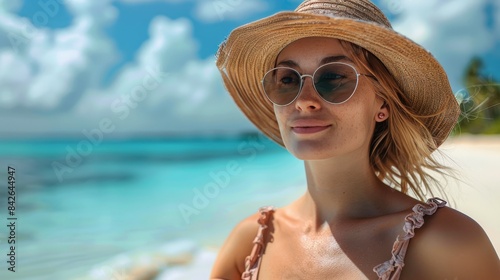 Woman Wearing Straw Hat and Sunglasses Smiles on Beach