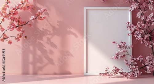 White Frame With Pink Cherry Blossoms On Pink Wall
