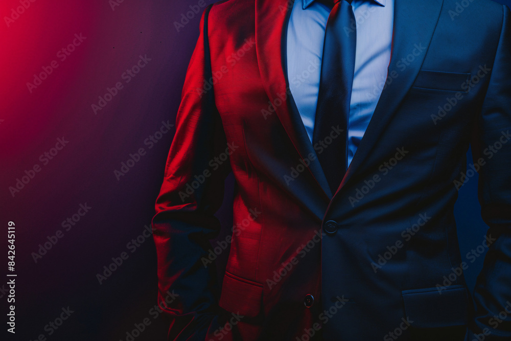 A man in a suit is highlighted by dramatic red and blue lighting creating a striking visual effect A man in a suit is highlighted by dramatic red and blue lighting creating a striking visual effect