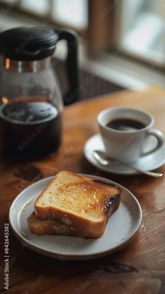 Featuring a simple black coffee and a burnt toast with oil Featuring a simple black coffee and a burnt toast with oil