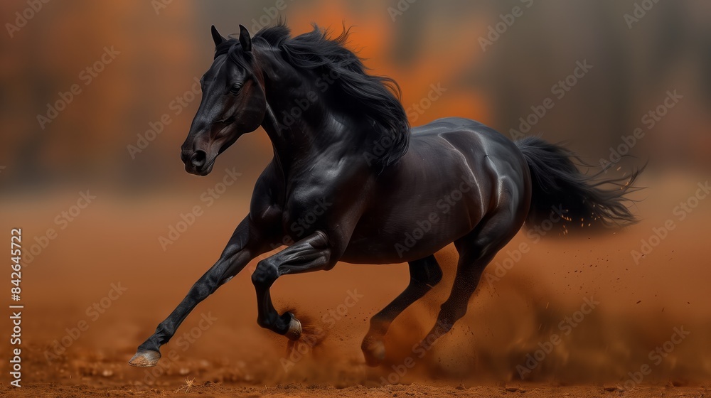 Majestic Black Stallion Galloping: Dynamic Dust Splash Majestic Black Stallion Galloping: Dynamic Dust Splash