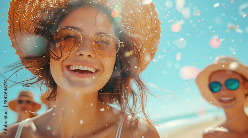 Radiant Young Woman Enjoying Sunset at Beach Celebration. Generative ai Radiant Young Woman Enjoying Sunset at Beach Celebration. Generative ai