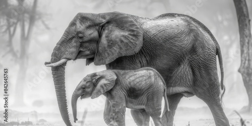 Fotografía en blanco y negro: dos elefantes africanos de cuerpo entero interactuando, una madre con su cría, vista lateral, paisaje africano.






