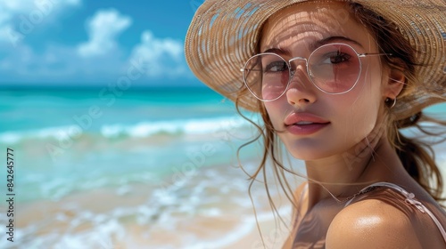 Woman Wearing Straw Hat and Sunglasses Smiles on Beach