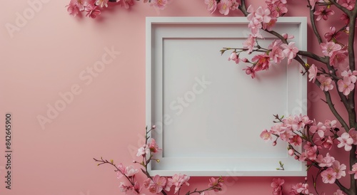 White Frame With Pink Cherry Blossoms On Pink Wall