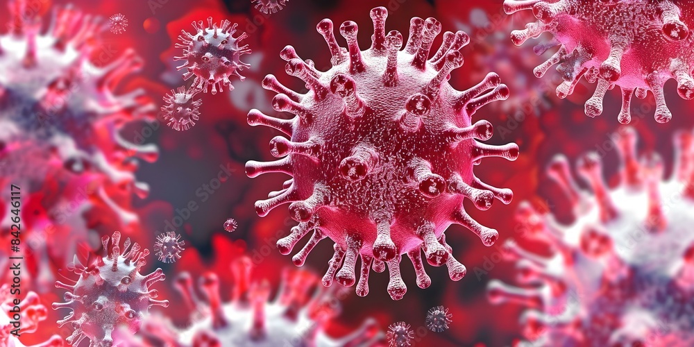 Closeup of flu virus spreading A microscopic view. Concept Microbiology, Infectious Diseases, Viral Transmission, Microscopic Entities, Pathogenic Organisms