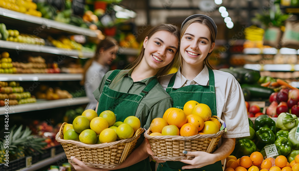 Cheerful young girl employees in uniform holding fresh fruits in grocery shop Cheerful young girl employees in uniform holding fresh fruits in grocery shop