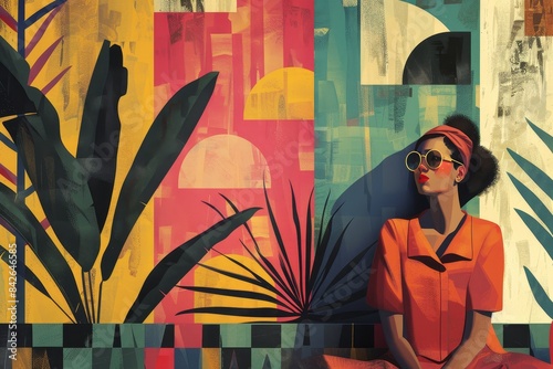 Colorful abstract illustration featuring a person with a blacked out face against a vibrant geometric background