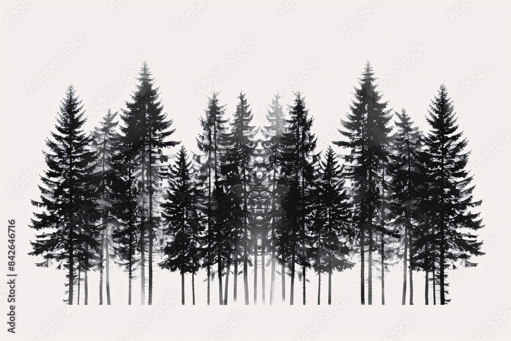 Fototapeta premium Silhouettes of tall pine trees create an artistic forest scene against a light background emphasizing their height and structure