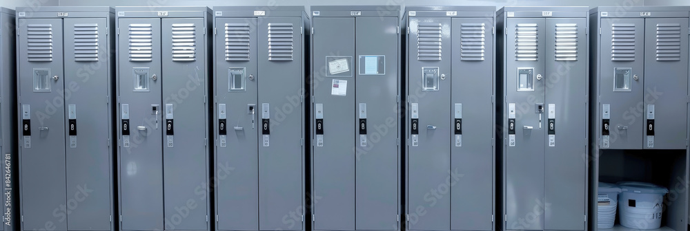 Row of metal lockers with some doors open, showcasing a secure and organized storage system. The lockers feature a sleek, industrial design, ideal for gym, school Row of metal lockers with some doors open, showcasing a secure and organized storage system. The lockers feature a sleek, industrial design, ideal for gym, school