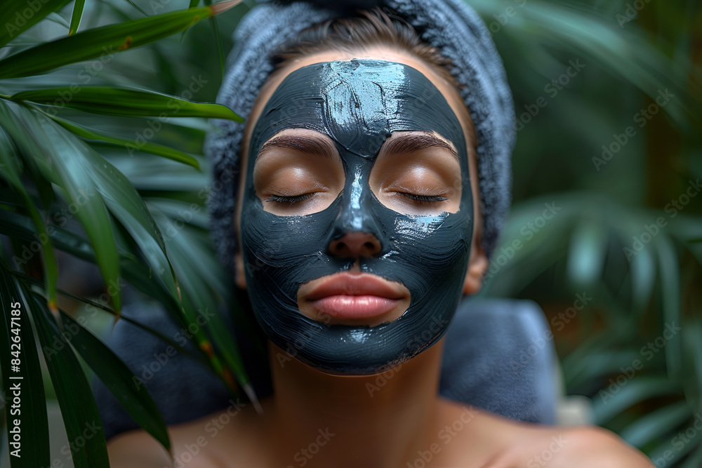 Facial cleansing. Rejuvenation procedure. Clear and healthy skin. Mud mask for skin wellness. Rejuvenation care. Cute woman wearing bath towel on head with black mask isolated over white background. Facial cleansing. Rejuvenation procedure. Clear and healthy skin. Mud mask for skin wellness. Rejuvenation care. Cute woman wearing bath towel on head with black mask isolated over white background.